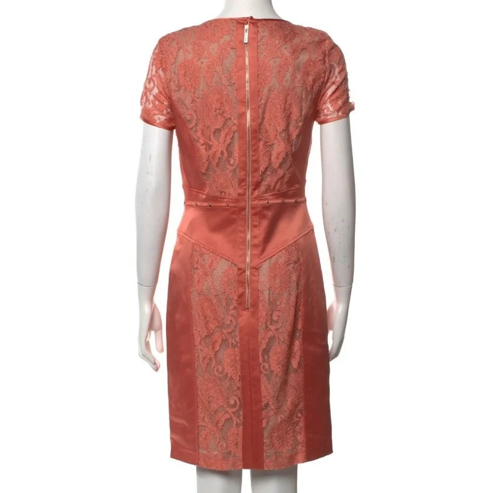 Elisabetta Franchi Coral Lace Sheath Dress Studded Short‎ Sleeve Size 44 $487